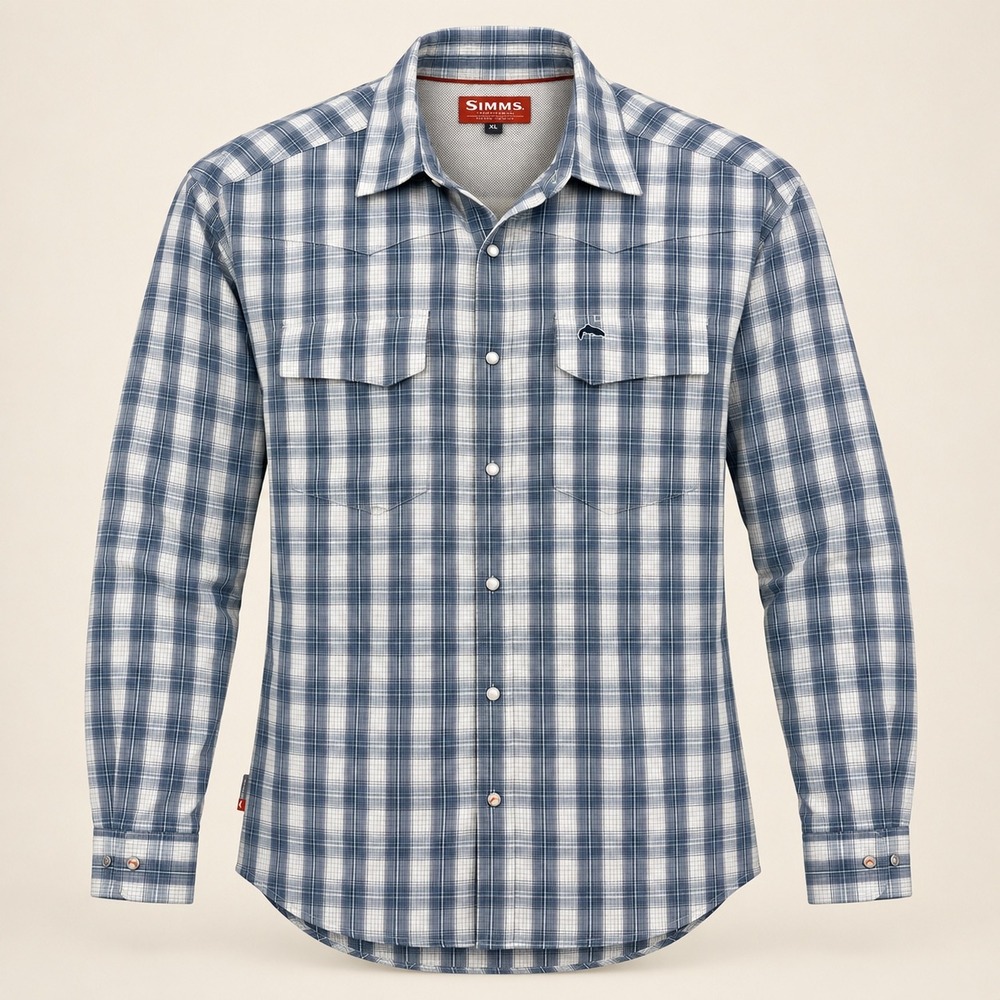 Simms Fishing Shirt Men XL Blue Plaid Pearl Snap Gorpcore Western Outdoor Travel